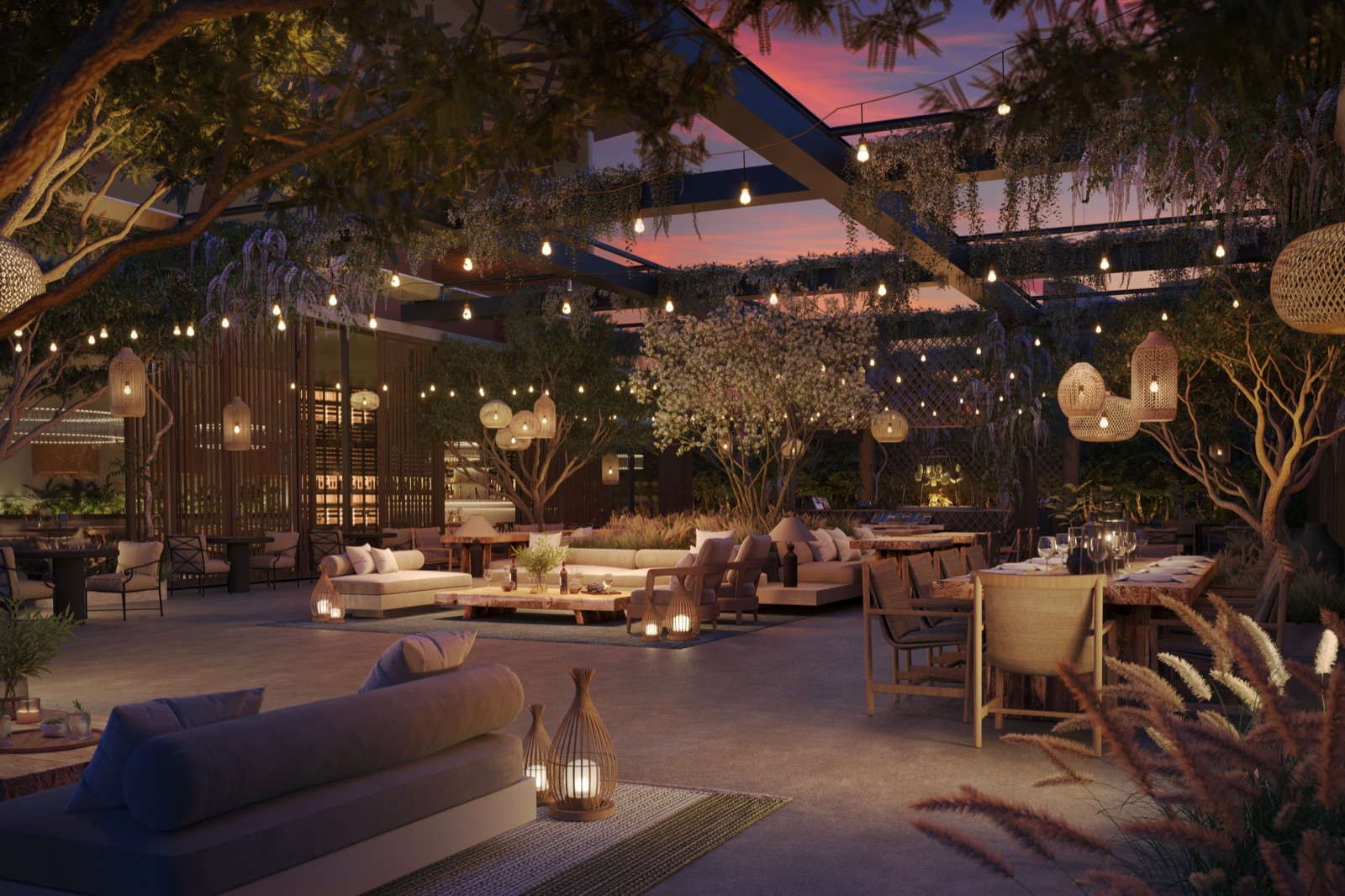 Fuoco — wood-fire restaurant by Casa Tua at ORA, with pergola-covered exterior dining.