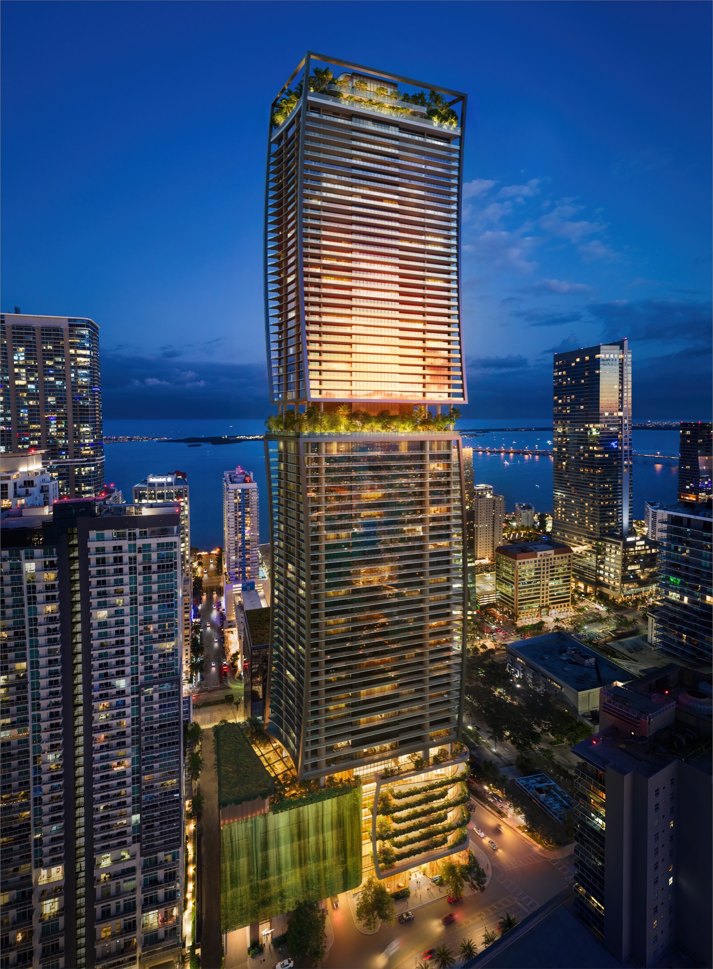 ORA by Casa Tua — 77 stories rising nearly 1,000 feet above the center of Brickell, Miami, at dusk.