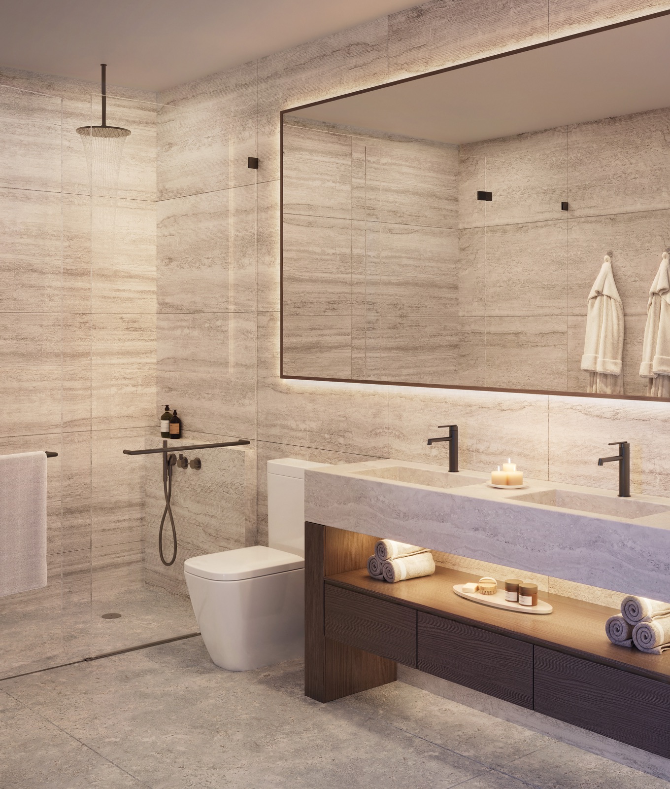 Italian-designed bathroom at ORA by Casa Tua — imported fixtures, custom millwork.