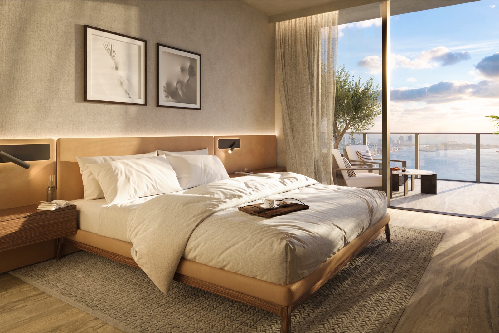 Master bedroom at ORA by Casa Tua — m2atelier furnishings, floor-to-ceiling windows.