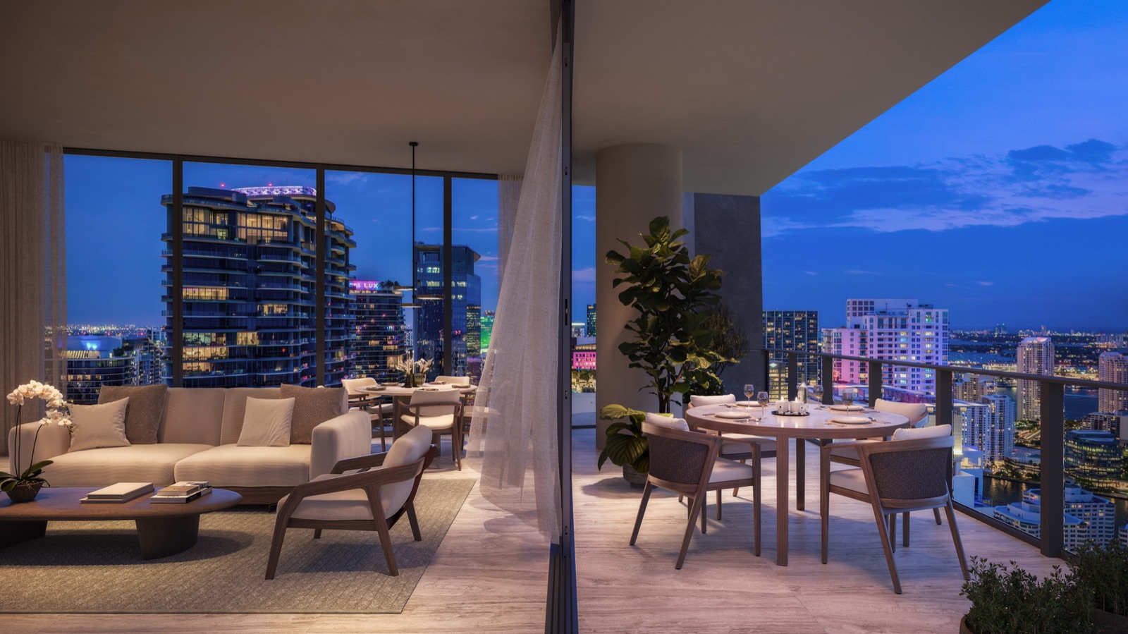 ORA by Casa Tua residence — living, opening onto a generous private terrace with glass railing.