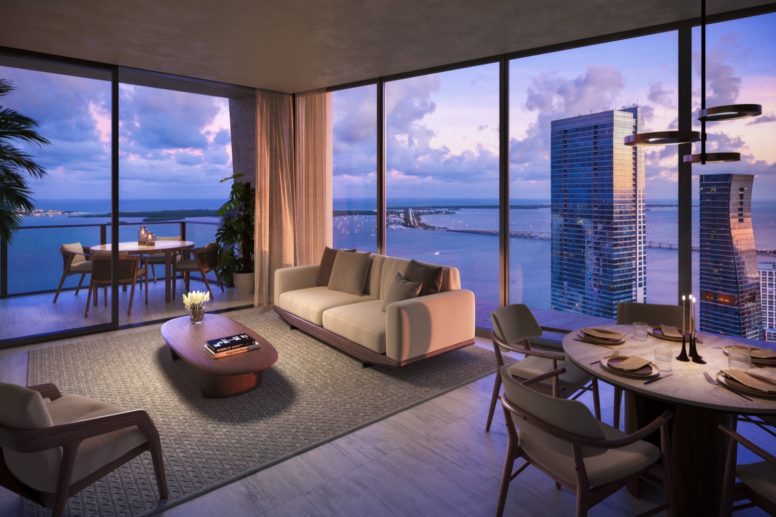 ORA by Casa Tua residence — open-plan living and dining by m2atelier, with 10-foot ceilings and floor-to-ceiling windows.