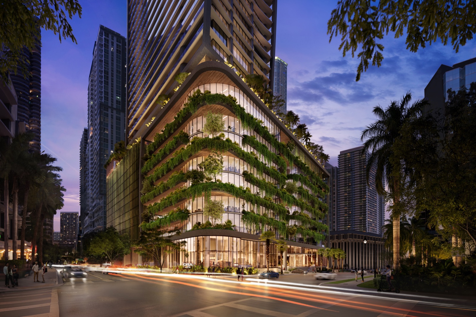 ORA by Casa Tua street view from the corner — podium and lobby at 1210 Brickell Avenue.