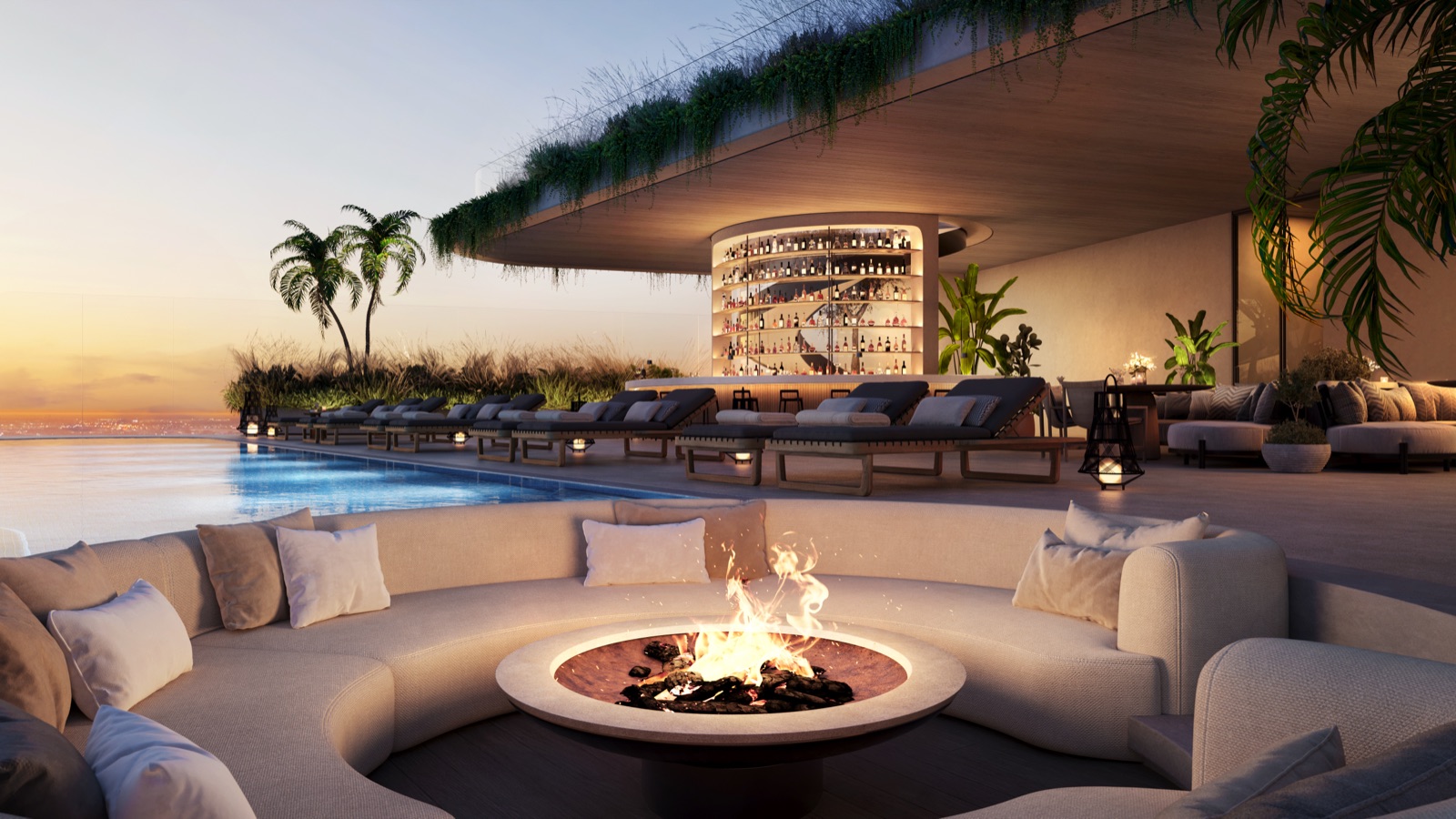 Vento rooftop firepit at ORA by Casa Tua — outdoor lounge with panoramic city and bay views.
